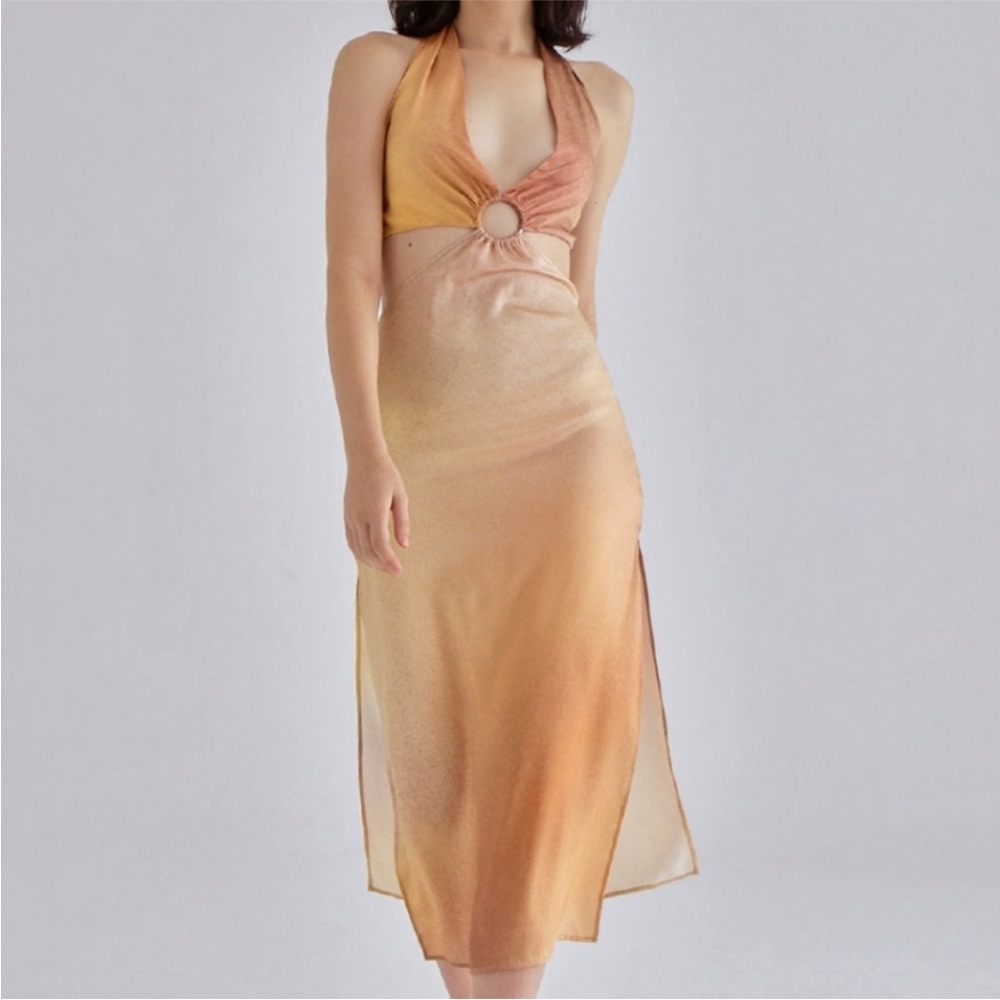 Silk Maison Brown Dune Halterneck Midi Silk Dress in Gold Gradient